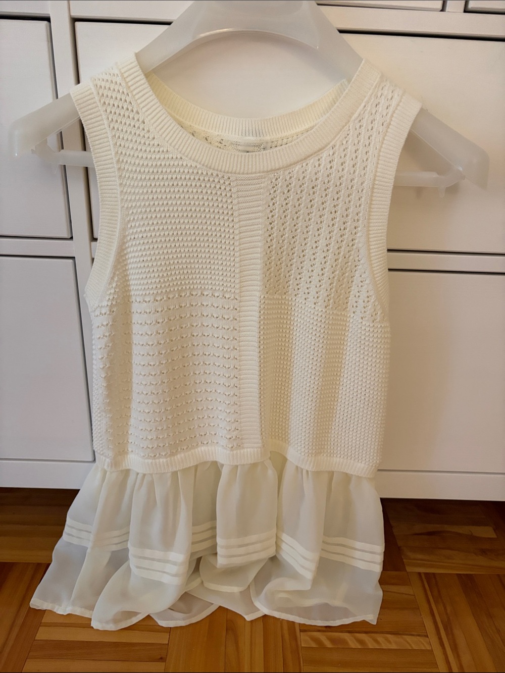 Joelle Collection Cream Knit Peplum Tank Top with Chiffon Hem